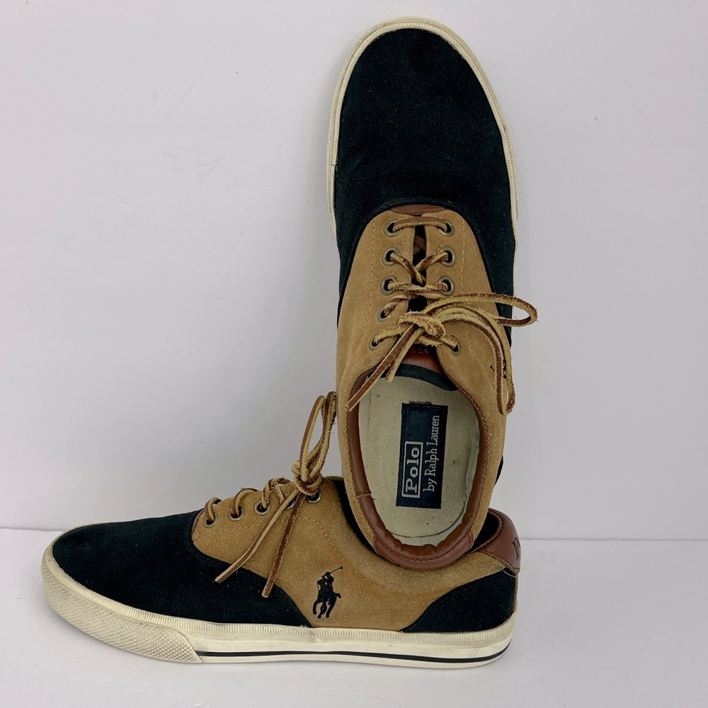 POLO BY RALPH LAUREN, VAUGHN SADDLE SHOES, BLACK CANVAS, CAMEL SUEDE, SIZE 8.5D